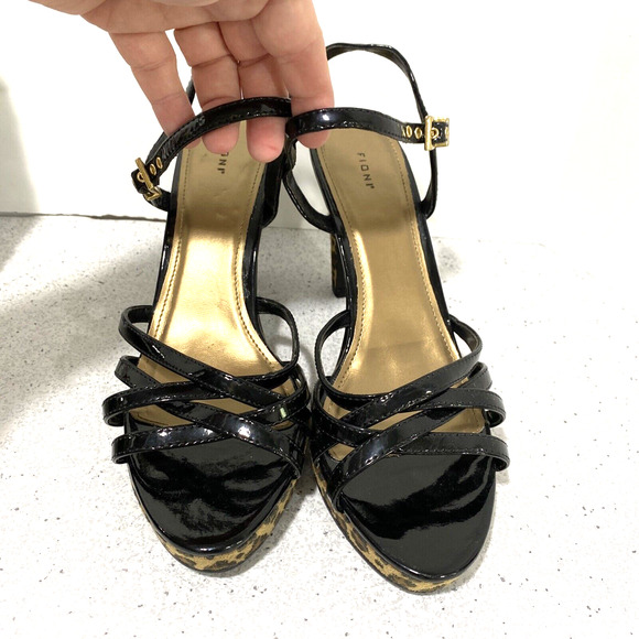 Fioni Strappy Platforms High Heels Sandals Black Patent & Tan Animal Print 8.5M - Picture 7 of 10